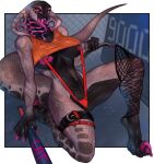  absurd_res anthro baseball_bat bat_(object) black_body black_scales claws clothed clothing female fishnet fishnet_legwear gauged_snake_hood grey_body grey_scales hi_res kneeling lbt9000 leg_belt legwear long_tongue nails on_one_knee partially_clothed pasties pink_eyes pink_tongue reptile rose_(deathhydra) scales scalie snake snake_hood solo tongue tongue_out 