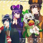  2boys 2girls animal_ears blue_eyes blue_hair braid brown_hair commentary_request earrings eating food fox_ears genshin_impact green_eyes green_hair jacket jewelry long_hair long_sleeves mickey_mouse_ears multicolored_hair multiple_boys multiple_girls nahida_(genshin_impact) ponytail purple_hair raiden_shogun single_earring sweater takamatsu_(yamajiai) twin_braids venti_(genshin_impact) white_hair zhongli_(genshin_impact) 