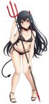  1girl absurdres ahoge ass_visible_through_thighs bare_legs bikini black_bikini black_choker black_hair blue_eyes blush bow breasts choker cleavage collarbone demon_horns demon_tail feet full_body hair_bow hair_ribbon highres holding holding_trident holding_weapon horns inanaki_shiki legs long_hair looking_at_viewer nail_polish navel polearm red_bow red_nails red_ribbon ribbon sandals simple_background small_breasts smile stomach swimsuit tail thighs toenail_polish toenails toes tress_ribbon trident very_long_hair weapon white_background yahari_ore_no_seishun_lovecome_wa_machigatteiru. yukinoshita_yukino 