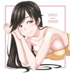  1girl arm_support black_hair blue_eyes blush breasts cleavage closed_mouth collarbone copyright_name girls_und_panzer igarashi_(igarashi_346) isuzu_hana large_breasts long_hair lying on_stomach shiny shiny_hair shiny_skin smile solo upper_body 