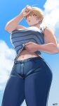  1girl blonde_hair blue_period blue_sky breasts cloud day denim highres jeans large_breasts miki_kinemi navel open_mouth outdoors pants plump red_eyes shirt short_hair sky solo standing striped striped_shirt sunsirou sweat wiping_sweat 