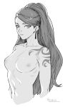  1girl arm_tattoo braid breasts character_name collarbone commentary_request completely_nude earrings expressionless fire_emblem fire_emblem:_three_houses greyscale ikarin jewelry long_hair looking_at_viewer medium_breasts monochrome nipples nude petra_macneary ponytail solo standing tattoo white_background 