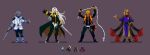  axel_syrios blonde_hair blue_hair extra_arms glasses grey_background grey_hair highres holostars holostars_english jacket long_hair long_sleeves magni_dezmond multicolored_hair multiple_boys noir_vesper pixel_art red_hair regis_altare ruinoussigil short_hair streaked_hair sword vampire_survivors virtual_youtuber weapon whip 