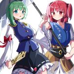  2girls :o absurdres black_skirt blue_eyes blue_vest bright_pupils closed_mouth coin english_commentary green_hair hair_bobbles hair_ornament highres holding holding_scythe juliet_sleeves long_sleeves looking_at_viewer multiple_girls obi onozuka_komachi open_mouth puffy_sleeves red_eyes red_hair ribbon-trimmed_skirt ribbon_trim rod_of_remorse sash scythe shiki_eiki short_hair simple_background skirt smile spam_(spamham4506) touhou two_side_up vest white_background white_pupils 