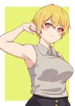 1girl black_skirt blonde_hair blue_period blush breasts hand_up highres large_breasts looking_at_viewer miki_kinemi shirt short_hair skirt sleeveless sleeveless_shirt smile solo standing tsuperie yellow_background 