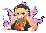  1girl :d blonde_hair energy headdress junko_(touhou) long_hair nyong_nyong open_mouth red_eyes ringed_eyes shrugging simple_background smile solo tabard touhou upper_body white_background 