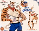  absurd_res anthro ball barazoku baseball_(ball) basketball_(ball) blue_briefs blue_claws blue_clothing blue_nose blue_underwear briefs cereal_box cereal_mascot claws clothing felid frosted_flakes hexedcoin hi_res kellogg&#039;s lick_lips male mammal mascot pantherine scarf solo tiger tony_the_tiger underwear 