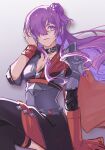  1girl armor bangs breasts cape choker cleavage crossed_legs elbow_gloves fire_emblem fire_emblem:_three_houses gloves hair_bun hair_over_one_eye hand_in_own_hair highres justapot long_hair looking_to_the_side medium_breasts plunging_neckline purple_eyes purple_hair red_cape red_gloves shez_(fire_emblem) shez_(fire_emblem)_(female) shoulder_armor single_elbow_glove sitting solo thighhighs thighs wristband 