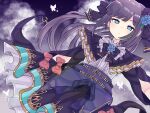  1girl animal arcaea bangs black_bow black_hair black_skirt blue_eyes blue_flower bow bug butterfly center_frills closed_mouth codename_jaroa commentary_request dutch_angle flower frilled_skirt frills hair_bow hair_flower hair_ornament highres long_hair long_sleeves looking_at_viewer puffy_long_sleeves puffy_sleeves purple_flower red_bow shirt skirt solo tairitsu_(arcaea) very_long_hair white_shirt 