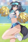  1girl absurdres alien_adviser animal_ears ass bare_shoulders black_hair blue_archive blue_eyes blush breasts cheerleader crop_top dog_ears dog_girl dog_tail eyewear_on_head goggles goggles_on_head hair_between_eyes halo hibiki_(blue_archive) hibiki_(cheerleader)_(blue_archive) highres holding holding_pom_poms leg_up lens_flare long_hair looking_at_viewer midriff miniskirt navel official_alternate_costume open_mouth pom_pom_(cheerleading) ponytail shirt shoes skirt sleeveless sleeveless_shirt sneakers solo standing standing_on_one_leg sticker_on_arm sticker_on_face sunlight sweat tail white_footwear yellow_halo 
