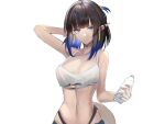  1girl arknights bangs bare_shoulders black_hair blue_eyes blue_hair blunt_bangs bottle breasts camisole cleavage commentary_request crop_top eugle_na eunectes_(arknights) eunectes_(forgemaster)_(arknights) highres holding holding_bottle large_breasts looking_at_viewer midriff multicolored_hair navel official_alternate_costume pointy_ears short_hair solo spaghetti_strap stomach upper_body water_bottle 