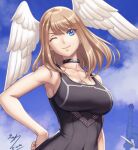  1girl ;) armpits artist_name bangs black_bodysuit black_choker blue_sky bodysuit breasts brown_hair chest_tattoo choker cleavage closed_mouth cloud collarbone covered_navel eiwa eunie_(xenoblade) feathered_wings hand_on_hip head_tilt head_wings large_breasts looking_at_viewer medium_hair one_eye_closed signature sky smile solo tattoo upper_body white_wings wings xenoblade_chronicles_(series) xenoblade_chronicles_3 
