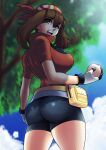  1girl ass bandana bike_shorts blue_eyes breasts brown_hair from_behind gez1313 gloves highres holding holding_poke_ball huge_ass large_breasts long_hair looking_at_viewer looking_back may_(pokemon) open_mouth poke_ball pokemon pokemon_(game) pokemon_rse shiny shiny_clothes shiny_hair shiny_skin sideboob smile solo thick_thighs thighs 