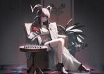  1girl absurdres black_footwear black_jacket board_game breasts brown_hair chair chess chess_piece cleavage highres horns jacket legs long_hair looking_at_viewer medium_breasts midriff navel on_chair original red_eyes sitting smile solo sooon thigh_strap 