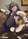  1girl animal_ears arknights bangs barefoot black_hair black_pantyhose blue_gloves coin cup drinking_glass feet fingerless_gloves food food_in_mouth foot_focus gloves gold_coin hao_guangze_yu highres long_hair looking_at_viewer pantyhose passport pocky red_eyes shorts simulated_footjob sitting soles solo stirrup_legwear texas_(arknights) texas_the_omertosa_(arknights) thigh_strap toe_scrunch toeless_legwear toenails toes wolf_ears 