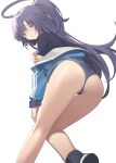  1girl ass bangs bare_legs black_shirt blue_archive blue_eyes blue_jacket blue_panties blush from_behind half_updo halo jacket kildir leaning_forward long_hair long_sleeves looking_at_viewer looking_back off_shoulder open_clothes open_jacket panties parted_lips purple_hair shirt shoes short_sleeves simple_background solo star_sticker sticker_on_face underwear very_long_hair white_background yuuka_(blue_archive) yuuka_(gym_uniform)_(blue_archive) 