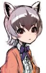 1girl animal_costume animal_ear_fluff animal_ears blue_bow blue_bowtie bow bowtie brown_eyes closed_mouth crab-eating_raccoon_(kemono_friends) extra_ears grey_hair ise_(0425) jacket kemono_friends kemono_friends_3 looking_at_viewer orange_jacket shirt short_hair simple_background solo white_background white_shirt 