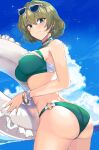  ashita_(2010) ass beach bikini blue_sky blush bracelet breasts cloud commission earrings eyewear_on_head glint green_bikini green_hair highres idolmaster idolmaster_cinderella_girls innertube jewelry looking_at_viewer medium_breasts mole mole_under_eye o-ring o-ring_bikini skeb_commission sky swimsuit takagaki_kaede tinted_eyewear twisted_torso 