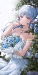  1girl bare_shoulders blue_flower blue_rose blunt_tresses blush bouquet dress falling_petals flower genshin_impact hair_ribbon highres holding holding_bouquet jewelry kamisato_ayaka looking_at_viewer mole mole_under_eye necklace parted_lips petals plant ribbon rose rose_petals sleeveless sleeveless_dress smile solo spaghetti_strap strap_slip tress_ribbon white_dress white_hair youwon0417 