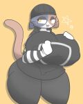  absurd_res anthro big_breasts black_clothing breasts calico_cat clothing domestic_cat epic_games eyebrows felid feline felis female fortnite front_view hand_on_breast headgear headwear hi_res huge_breasts mammal meow_skulls_(fortnite) mottled nipple_outline open_mouth piebald simple_background solo teeth_visible thick_thighs tongue video_games yellow_background yellow_eyes zaclyn 