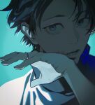  1boy absurdres black_hair blood blood_on_face blood_on_hands blue_background blue_theme highres jewelry jujutsu_kaisen kyuuba_melo looking_at_another okkotsu_yuuta popped_collar ring short_hair simple_background solo wedding_ring wiping_blood 