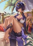  1girl absurdres bare_shoulders barefoot blue_eyes breasts candace_(genshin_impact) chinese_commentary circlet cleavage closed_mouth dark-skinned_female dark_skin egyptian_clothes feet full_body genshin_impact gold gold_bracelet gold_trim hair_ornament heterochromia highres holding holding_shoes jewelry kacyu knees_up large_breasts legs low_twintails nail_polish neck_ring purple_hair purple_nails purple_skirt shoe_dangle shoes short_hair_with_long_locks sitting skirt smile solo thighs toe_ring toenail_polish toenails toes twintails yellow_eyes 