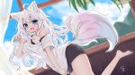  1girl :3 :d animal_ears bare_shoulders barefoot black_shorts blue_eyes claw_pose commission fang fox_ears fox_girl fox_tail long_hair nachiru off-shoulder_shirt off_shoulder original shirt short_sleeves shorts smile strap_slip tail white_hair white_shirt 