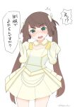  1girl ^^^ absurdres alternate_costume asagumo_(kancolle) brown_hair commentary_request cowboy_shot dress grey_eyes hair_ribbon highres kantai_collection long_hair one-hour_drawing_challenge ribbon solo toplow translation_request twintails white_dress 