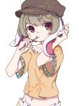  1girl absurdres animal_ears blonde_hair blush_stickers brown_headwear cabbie_hat closed_mouth floppy_ears hat highres holding holding_skewer kame_(kamepan44231) navel one-hour_drawing_challenge orange_shirt rabbit_ears red_eyes ringo_(touhou) shirt short_hair short_sleeves simple_background skewer solo touhou upper_body white_background 