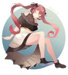  1girl alternate_costume asagumo_(kancolle) black_footwear black_ribbon boots brown_hair commentary_request full_body hair_ribbon hair_rings kantai_collection legs long_hair ribbon shakemi_(sake_mgmgmg) solo twintails two-tone_dress 