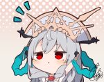  1girl :&lt; arknights arms_up bangs beni_shake blush brown_background chibi commentary_request grey_hair grey_headwear hair_between_eyes halftone halftone_background long_hair looking_away looking_up parted_lips red_eyes signature skadi_(arknights) skadi_the_corrupting_heart_(arknights) solo triangle_mouth upper_body 