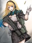  1girl absurdres bandana black_thighhighs blonde_hair blue_eyes blue_hair breasts camouflage gloves gradient_hair headset highres holding indie_virtual_youtuber iwi_x95 long_hair looking_at_viewer marche_mk14 medium_breasts multicolored_hair open_mouth pouch skirt solo syringe thighhighs virtual_youtuber weapon zeta_(vtuber) 