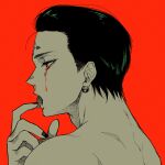  1boy black_hair blood blood_from_eyes chrollo_lucilfer cross earrings facial_tattoo from_side hair_slicked_back highres hunter_x_hunter inverted_cross jewelry licking_blood looking_to_the_side male_focus nachos_(chos_na) nude portrait red_background short_hair solo tattoo 
