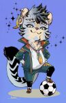  1boy absurdres animal_ears animal_nose ball blue_background blue_eyes blue_fur chest_tuft chibi closed_mouth collared_jacket colored_sclera commentary_request earrings feather_necklace foot_up full_body furry furry_male green_jacket grey_sclera hand_in_pocket highres ixbalanque_(housamo) jacket jaguar_boy jaguar_ears jaguar_tail jewelry large_tail leggings_under_shorts male_focus necklace shirt shoes short_hair shubuka_masamune signature smile smug snout soccer_ball solo sparkle tail tokyo_afterschool_summoners white_shirt 