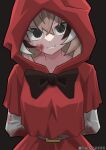  1girl artist_name belt black_bow black_eyes black_hair blood blood_on_clothes blood_on_face bow brown_belt brown_hair cosplay highres hololive hololive_english hood little_red_riding_hood_(grimm) little_red_riding_hood_(grimm)_(cosplay) looking_at_viewer multicolored_hair nanashi_mumei red_hood smile streaked_hair virtual_youtuber white_hair white_sleeves zenox5300 