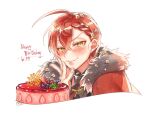 1boy :3 ahoge bangs black_necktie blueberry blush braid braided_bangs bungou_to_alchemist cake cape crossed_bangs dazai_osamu_(bungou_to_alchemist) flower food fruit fur-trimmed_cape fur_trim hair_flower hair_ornament hairclip hand_up happy_birthday looking_at_viewer male_focus necktie raspberry red_cape red_hair short_hair simple_background solo strawberry tasikanakoto upper_body v-shaped_eyebrows white_background yellow_eyes 