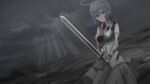  1girl bangs blood blood_on_clothes blood_on_face breasts character_request chihuri closed_mouth cloud cloudy_sky collared_shirt commentary_request detached_sleeves dress_shirt gauntlets german_commentary grey_eyes grey_hair grey_skirt hair_between_eyes highres holding holding_sword holding_weapon long_sleeves looking_at_viewer medium_breasts necktie original outdoors red_necktie ruins shirt short_necktie skirt sky sleeveless sleeveless_shirt solo sunlight sword vocaloid weapon white_shirt white_sleeves 