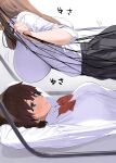  2girls bangs black_skirt blush bow bowtie breasts brown_hair closed_mouth gradient gradient_background huge_breasts kaisen_chuui large_breasts long_hair long_sleeves looking_at_another lying multiple_girls on_back original red_bow red_bowtie school_uniform shirt shirt_tucked_in short_hair skirt smile white_shirt 