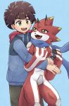  anthro bandai_namco betelgammamon brown_hair claws clothing codpiece digimon digimon_ghost_game duo embrace hair hi_res hiro_amanokawa horn hug human jacket male mammal mstdndkkkkk red_body scalie scarf topwear yellow_eyes 