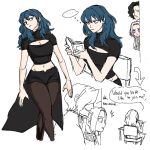  1boy 2girls ass bangs blue_eyes blue_hair book byleth_(fire_emblem) byleth_(fire_emblem)_(female) chair cleavage_cutout clothing_cutout dashingicecream edelgard_von_hresvelg fire_emblem fire_emblem:_three_houses hair_between_eyes holding holding_book legwear_under_shorts medium_hair multiple_girls pantyhose_under_shorts parted_lips short_sleeves shorts sitting speech_bubble waist_cape 