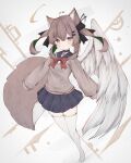  1girl ahoge animal_ear_fluff animal_ears bangs black_choker blue_sailor_collar blue_skirt blush bow brown_eyes brown_hair brown_sweater choker closed_mouth commentary_request feathered_wings full_body green_hair grey_background hair_between_eyes heart heart_ahoge highres long_hair long_sleeves looking_at_viewer multicolored_hair no_shoes original pleated_skirt puffy_long_sleeves puffy_sleeves red_bow risu_(ritharte) sailor_collar school_uniform serafuku shirt single_wing skirt sleeves_past_fingers sleeves_past_wrists solo star_(symbol) sweater tail thighhighs twintails two-tone_hair white_shirt white_thighhighs white_wings wings 