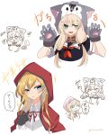  2girls abukuma_(kancolle) animal_costume animal_hands black_gloves black_ribbon black_serafuku blonde_hair blue_eyes capelet cosplay gloves green_eyes hair_ribbon highres hood hood_up hooded_capelet kantai_collection little_red_riding_hood little_red_riding_hood_(grimm) little_red_riding_hood_(grimm)_(cosplay) long_hair multiple_girls neckerchief official_alternate_costume official_alternate_hairstyle paw_gloves red_capelet red_hood red_neckerchief ribbon school_uniform serafuku short_sleeves speech_bubble tonome_(rururara) translation_request wolf_costume wolf_hood yuudachi_(kancolle) 