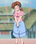  1girl between_legs blue_skirt blue_sky blurry blurry_background blush breasts breath brown_eyes brown_hair cloud commentary_request day delia_ketchum embarrassed forehead hair_intakes hair_tie hand_between_legs have_to_pee long_hair looking_down nose_blush open_mouth outdoors own_hands_together pink_shirt pokemon pokemon_(anime) ponytail raised_eyebrows red_footwear shiny shiny_hair shirt shoes short_sleeves sidelocks skirt sky small_breasts solo standing sweat translation_request trembling tyao2019 v_arms 
