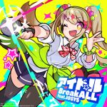  1girl album_cover bangs blonde_hair bow bowtie cover denonbu green_hoodie green_scrunchie hair_between_eyes hair_ornament hair_tie hairclip holding hood hoodie jacket kayano_futaba kurumitsu long_hair long_sleeves looking_at_viewer microphone official_art one_eye_closed open_clothes open_jacket open_mouth orange_eyes school_uniform scrunchie shirt skirt smile solo sparkle standing symbol-shaped_pupils thighhighs twintails white_shirt 