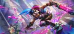  1boy 2girls absurdres arm_up bangs black_gloves black_pants blue_hair blurry blurry_background braid building chromacrash_ekko chromacrash_jinx chromacrash_samira dark-skinned_male dark_skin day dreadlocks ekko_(league_of_legends) fingerless_gloves gloves glovs green_hair grin highres holding holding_weapon hover_board jinx_(league_of_legends) league_of_legends male_focus multiple_girls official_art outdoors paint pants pink_eyes samira second-party_source smile solo_focus twin_braids weapon white_hair 