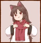  1girl :d animal_ears black_scarf border brown_border brown_hair dress imaizumi_kagerou letterboxed long_hair long_sleeves poronegi red_scarf scarf smile solo touhou upper_body wolf_ears 