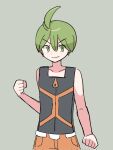  1boy aaron_(pokemon) ahoge bangs belt black_shirt clenched_hand closed_mouth commentary_request green_eyes green_hair hair_between_eyes highres k_imchae korean_commentary looking_at_viewer male_focus orange_pants pants pokemon pokemon_(game) pokemon_dppt shirt short_hair sleeveless sleeveless_shirt smile solo white_belt zipper_pull_tab 