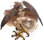  1girl abuku bird bird_wings black_claws brown_eyes brown_hair brown_wings eagle feathered_wings from_below full_body goggles goggles_on_head harpy long_hair looking_at_viewer monster_girl open_mouth original simple_background solo tagme white_background wings 