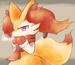  1girl absurdres animal_ear_fluff animal_ears animal_nose body_fur braixen breath brown_background clothed_pokemon commentary_request covered_mouth flat_chest fox_ears fox_girl fox_tail fur-trimmed_gloves fur_collar fur_trim furry furry_female gloves highres looking_at_viewer partial_commentary pokemon pokemon_(creature) red_eyes red_gloves red_scarf san_(sanchimpo) scarf simple_background snout solo standing stick tail two-tone_fur upper_body white_fur winter_clothes yellow_fur 