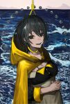  1girl anrifure_(teiha02) apron black_bra black_eyes black_hair bra bra_peek bra_strap breasts cleavage cloak crying day highres hood hood_down hooded_cloak interlocked_fingers large_breasts looking_at_viewer lower_(vocaloid) noose ocean off_shoulder original own_hands_together short_hair smile solo tears underwear upper_body vocaloid waist_apron waves yellow_cloak 